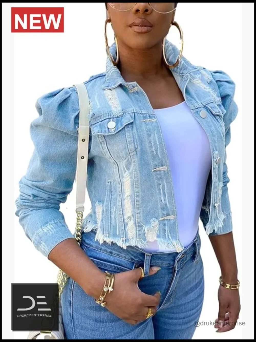 Crop Denim Jacket with Puff Long Sleeves Distressed Raw Hem